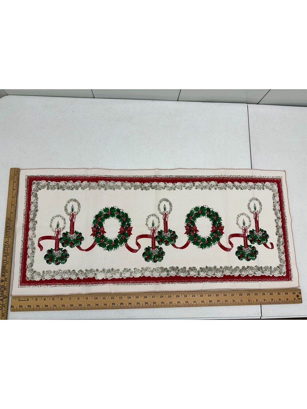 Vintage Christmas Table Runner Wreath Candle Holly Bows Linen? Cotton? 16" x 36"